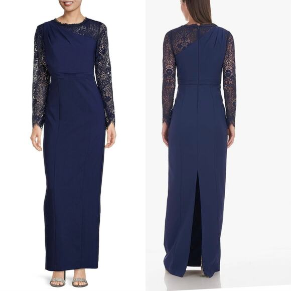 NWT JS COLLECTIONS  $298 Sz 4 Women’s Maria Lace Scallop Column Gown Navy - Picture 1 of 8